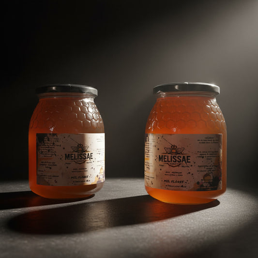 Pack doble 2×1 kg de miel cruda Melissae. Miel pura natural, sin pasteurizar y extraída en frío.