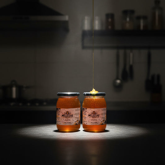Pack doble 2×500 g de miel cruda Melissae. Miel pura, sin procesar y extraída en frío.