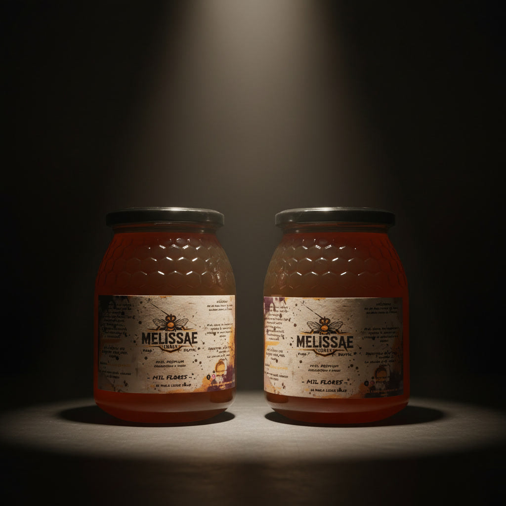 Pack doble 2×1 kg de miel cruda Melissae. Miel pura natural, sin pasteurizar y extraída en frío.