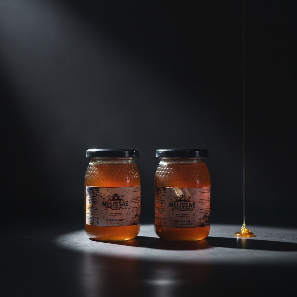 Pack doble 2×500 g de miel cruda Melissae. Miel pura, sin procesar y extraída en frío.